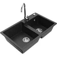 Mexen Tomas granieten gootsteen met 2 kamers en keukenkraan Telma, zwart/zilver metallic - 6516-73-670200-00