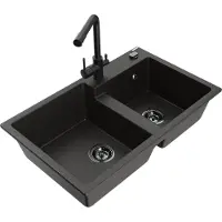 Mexen Tomas granieten dubbele spoelbak met keukenmengkraan Duero, zwart/goud metallic - 6516-75-671600-70-B
