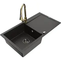 Mexen Leo granieten spoelbak 1-komers met afdruiprek en keukenmengkraan Elia, zwart/gouden metallic - 6501-75-670101-50-B