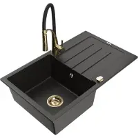 Mexen Bruno granieten gootsteen met 1 bak en afdruiprek en Astere keukenkraan, zwart/goud metallic - 6513-75-73450-57-G