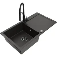 Mexen Leo granieten gootsteen 1-komorige met afdruiprek en keukenmengkraan Aster, zwart/goud metallic - 6501-75-73450-70-B