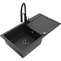Mexen Leo granieten spoelbak 1-kamer met afdruiprek en keukenkraan Aster, zwart/zilver metallic - 6501-73-73450-70-B