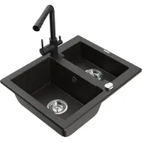 Mexen Carlos granieten spoelbak 1,5-komor met keukenmengkraan Duero, zwart/goud metallic - 6518-75-671600-70