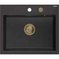 Mexen Oscar granieten spoelbak 1-kamer 580 x 490 , zwart/zilveren metallic, gouden sifon - 6519581000-73-G