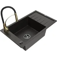 Mexen Elias granieten spoelbak 1-komors met afdruiprek en keukenmengkraan Aster, zwart/gouden metallic - 6511-75-73450-57-B