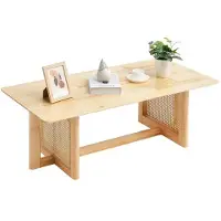 OEM Rieten salontafel, rechthoekige geweven salontafel met een tafelblad van kunststof, 47 inch, moderne boheemse salontafel met opbergruimte en natuurlijke houten poten