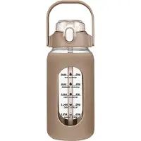 Spactz 64Oz glazen waterflessen met rietje, siliconen fleshoes en tijdmarkering, voor sportschool, thuiskantoor, bruin
