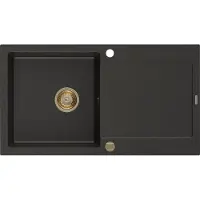 Mexen Leo granieten gootsteen 1-kompartment met afdruiprek 900 x 500 , zwart/goud metallic, gouden sifon - 6501901010-75-G