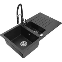 Mexen Matias granieten spoelbak 1,5-komore met afdruiprek en keukenmengkraan Aster, zwart/zilveren metallic - 6502-73-73450-07