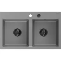 Mexen Hektor granieten gootsteen 2-kamerig 800 x 480 , grijs, zwarte sifon - 6521802000-71-B
