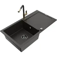 Mexen Leo granieten spoelbak 1-komor met afdruipplaat en keukenmengkraan Flora, zwart/goud metallic - 6501-75-670401-57-B