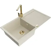 Mexen Leo granieten gootsteen 1-komorige met afdruiprek en keukenkraan Rita, beige - 6501-69-670300-50