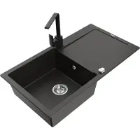 Mexen Leo granieten spoelbak met 1 kom, afdruipgedeelte en keukenmengkraan Rita, zwart/goud metallic - 6501-75-670300-70