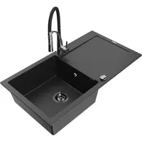 Mexen Leo granieten gootsteen 1-komors met afdruipplaat en keukenmengkraan Aster, zwart/zilver metallic - 501-73-73450-07-B