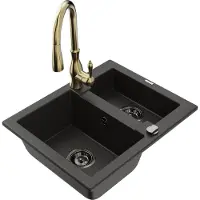 Mexen Carlos granieten gootsteen 1,5-komor met keukenmengkraan Savita, zwart/goud metallic - 6518-75-672601-50-B