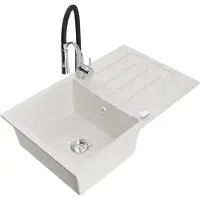 Mexen Bruno granieten gootsteen 1-kamer met afdruiprek en keukenmengkraan Aster, wit - 6513-20-73450-07