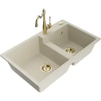 Mexen Tomas granieten gootsteen 2-kamer met keukenkraan Carla, beige - 6516-69-670700-50