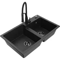 Mexen Tomas granieten spoelbak met 2 kamers en keukenmengkraan Aster, zwart/zilver metallic - 6516-73-73450-70-B