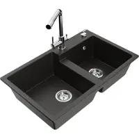 Mexen Tomas granieten spoelbak met 2 kamers en keukenkraan Duero, zwart/goud metallic - 6516-75-671600-00