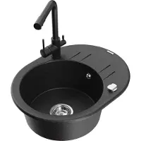 Mexen Kevin granieten spoelbak 1-kamer met afdruiprek en keukenkraan Duero, zwart/zilveren metallic - 6517-73-671600-70