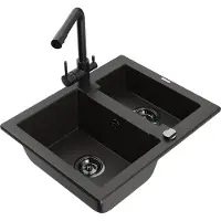 Mexen Carlos granieten spoelbak 1,5-komorige met keukenmengkraan Duero, zwart/goud metallic - 6518-75-671600-70-B