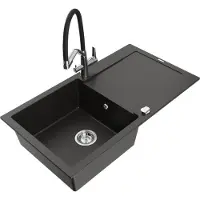 Mexen Leo granieten gootsteen 1-kompartement met afdruiprek en keukenkraan Duo, zwart/gouden metallic - 6501-75-671701-07