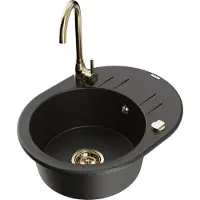Mexen Kevin granitische gootsteen met 1 bak en afdruiprek en keukenkraan Telma, zwart/gouden metallic - 6517-75-670200-50