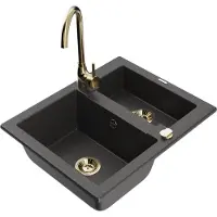 Mexen Carlos granieten spoelbak 1,5-kamer met keukenmengkraan Telma, zwart gespikkeld - 6518-76-670200-50