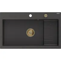 Mexen Omar granieten gootsteen met 1 bak 800 x 480 , zwart gespikkeld, gouden sifon - 6520801005-76-G