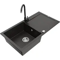 Mexen Leo granieten spoelbak met 1 kom, afdruiprek en keukenmengkraan Telma, zwart/goud metallic - 6501-75-670200-70