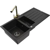 Mexen Andres granieten spoelbak 1,5-baks met afdruiprek en keukenmengkraan Duero, zwart - 6515-77-671600-50-B