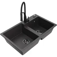 Mexen Tomas granieten spoelbak 2-kamer met keukenmengkraan Aster, zwart gespikkeld - 6516-76-73450-70-B