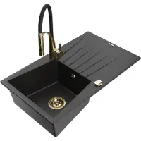 Mexen Cesar granitstenen gootsteen met 1 bak en afdruiprek en keukenmengkraan Aster, zwart/zilver metallic - 6514-73-73450-57-G
