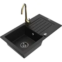 Mexen Pablo granieten gootsteen 1-komors met afdruipplaat en keukenmengkraan Telma, zwart - 6510-77-670200-50-B