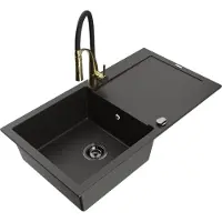 Mexen Leo granieten spoelbak 1-komorige met afdruiprek en keukenmengkraan Aster, zwart/goud metallic - 6501-75-73450-57-B