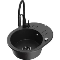 Mexen Kevin granieten gootsteen 1-kamerig met afdruiprek en keukenkraan Aster, zwart/zilveren metallic - 6517-73-73450-70-B