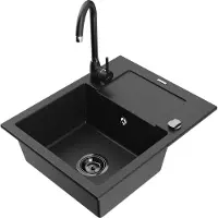 Mexen Enzo 1-kamer granieten spoelbak met afdruiprek en Telma keukenkraan, zwart/zilver - 6506-73-670200-70-B