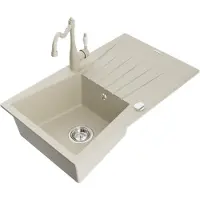 Mexen Cesar granieten spoelbak 1-kompartment met afdruiprek en keukenmengkraan Carla, beige - 6514-69-670700-69