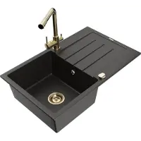 Mexen Bruno granieten gootsteen 1-komor met afdruiprek en keukenmengkraan Duero, zwart/gouden metallic - 6513-75-671600-50