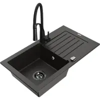 Mexen Pablo granieten spoelbak 1-komorige met afdruiprek en keukenmengkraan Aster, zwart/goud metallic - 6510-75-73450-70-B