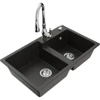 Mexen Tomas granieten gootsteen 2-kamer met keukenmengkraan Savita, zwart/goud metallic - 6516-75-672601-00