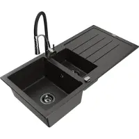 Mexen Andres granieten spoelbak 1,5-komorige met druiprek en keukenmengkraan Aster, zwart/goud metallic - 6515-75-73450-07-B