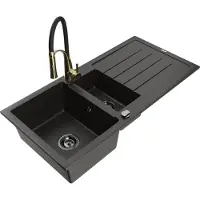 Mexen Andres granieten spoelbak 1,5-bak met afdruiprek en keukenmengkraan Aster, zwart/gouden metallic - 6515-75-73450-57-B