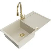 Mexen Leo granieten spoelbak 1-komerig met afdruiprek en keukenkraan Savita, beige - 6501-69-672601-50
