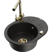 Mexen Kevin granieten spoelbak 1-komor met druiprek en keukenmengkraan Duero, zwart/goud metallic - 6517-75-671600-50