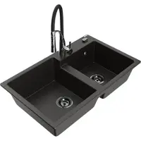 Mexen Tomas granieten spoelbak met 2 compartimenten en keukenmengkraan Aster, zwart/goud metallic - 6516-75-73450-07-B