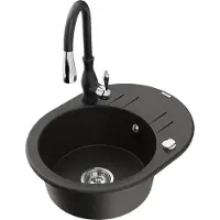 Mexen Kevin granieten spoelbak 1-kamer met afdruiprek en keukenmengkraan Savita, zwart/goud metallic - 6517-75-672601-70