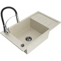 Mexen Elias granieten spoelbak met 1 bak en afdruiprek en keukenkraan Aster, beige - 6511-69-73450-07-B