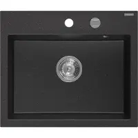 Mexen Oscar granieten gootsteen 1-komor 580 x 490 , zwart/zilver metallic, chroom sifon - 6519581000-73