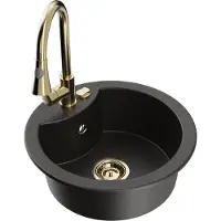Mexen Diego granieten spoelbak met 1 kom en Elia keukenkraan, zwart/goud metallic - 6512-75-670101-50